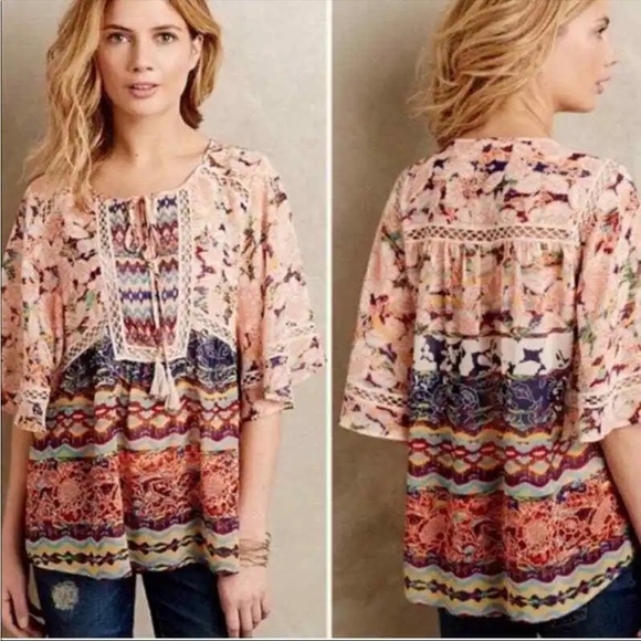 Meadow Rue Tops - Meadow Rue Boho Sheer Floral Peasant Blouse Flowy Bat Wings Crochet Lace Sz L